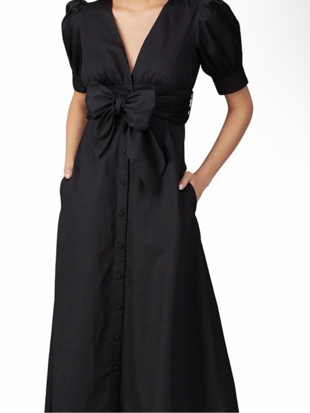 Women’s Black Button-Front midi Dress with Waist Bow
